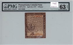 PA-212, 9 Pence Pennsylvania Colonial Note, April 10, 1777