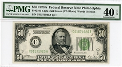 2101-Cdgs Dark Green (CA Block), $50 Federal Reserve Note Philadelphia, 1928A