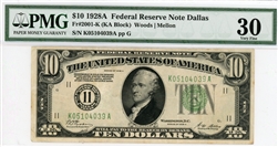 2001-K (KA Block), $10 Federal Reserve Note Dallas, 1928A