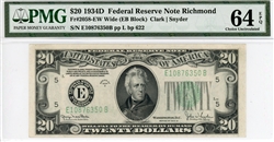 2058-EW Wide (EB Block), $20 Federal Reserve Note Richmond, 1934D
