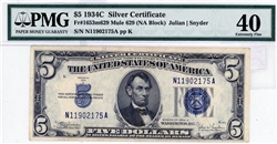 1653m629 Mule 629 (NA Block), $5 Silver Certificate, 1934C
