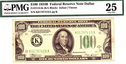 2154-K (KA Block), $100 Federal Reserve Note Dallas, 1934B