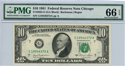 2025-G (GA Block), $10 Federal Reserve Note Chicago, 1981