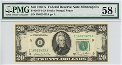 2074-I (IA Block), $20 Federal Reserve Note Minneapolis, 1981A