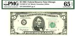 1967-G* (G* Block), $5 Federal Reserve Note Chicago, 1963