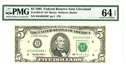 1985-D* (D* Block), $5 Federal Reserve Note Cleveland, 1995