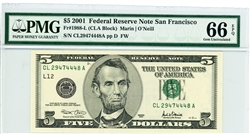 1988-L (CLA Block), $5 Federal Reserve Note San Francisco, 2001