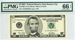 1988-J (CJA Block), $5 Federal Reserve Note Kansas City, 2001