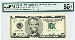 1987-E* (BE* Block), $5 Federal Reserve Note Richmond, 1999