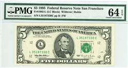 1985-L (LC Block), $5 Federal Reserve Note San Francisco, 1995