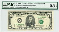 1979-E (EB Block), $5 Federal Reserve Note Richmond, 1988