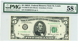 1968-H (HA Block), $5 Federal Reserve Note St. Louis, 1963A