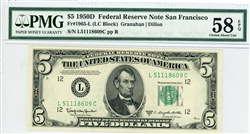 1965-L (LC Block), $5 Federal Reserve Note San Francisco, 1950D