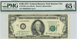 2168-J (JA Block), $100 Federal Reserve Note Kansas City, 1977
