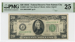 2057-Jnb* New Back (J* Block), $20 Federal Reserve Note Kansas City, 1934C