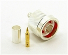 N Male crimp connector for RG-58, silver body, gold pin, teflon dielectric