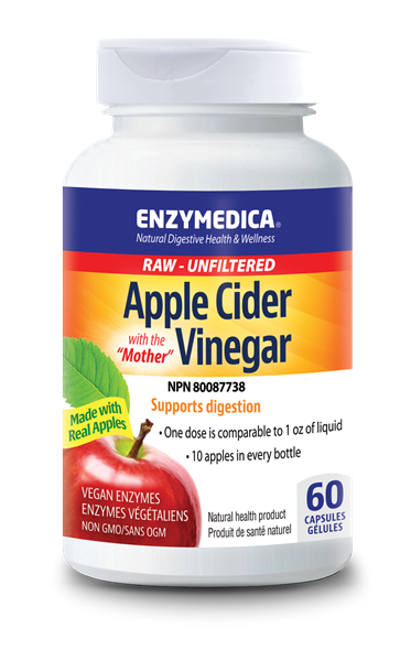 Enzymedica Raw Apple Cider Vinegar w the Mother, 60 caps