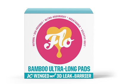 Here We Flo, FLO Bamboo Ultra-Long Pads, w/Wings & 3D-Leak Barrier, 10 pads