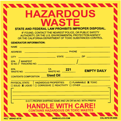 CA Used Oil Hazardous Waste Label