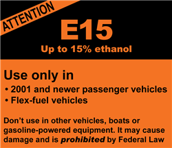 EPA compliant E15 ethanol fuel dispenser warning label with orange and black color scheme showing federal compliance requirements for gas pumps