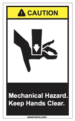 Caution - Mechanical Hazard. Keep Hands Clear. - 1.5" x 2.5" Adhesive Vinyl