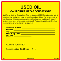 CA Used Oil Hazardous Waste Label