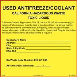 CA Used Antifreeze/Coolant Label