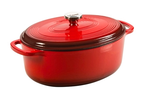 Lodge Dutch Oven, 7 Qrt Deep Oval, Cover with S/S Knob, Red Exterior - EC7OD43