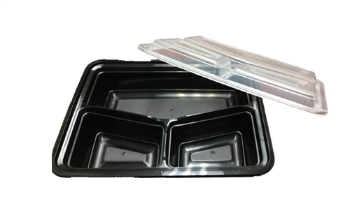Maple Trade Plastic Container, Rectangle, 3 Compartment , 42oz, w/ Compartment Lid - RE-342