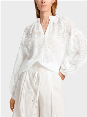 Marc Cain white oversized blouse with a leaf motif & ham sleeves