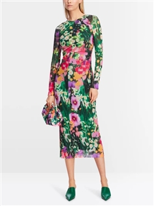 Marc Cain Floral print lined dress in an elegant hourglass shape.  xc2110j01