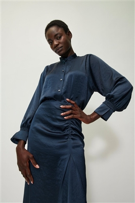 petrol blue blouse with smock details Feminine blouse in flowing techno-silk