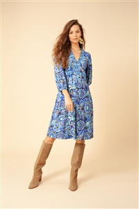 Halebob Klaudia blue Jersey A-Lined dress with 3/4 length balloon sleeves with cuffs