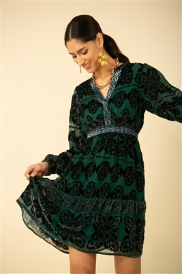 Halebob Emerald silk blend devore dress, lined. V neck