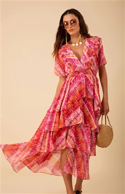 Halebob Caroline pink chiffon short easy sleeve maxi dress