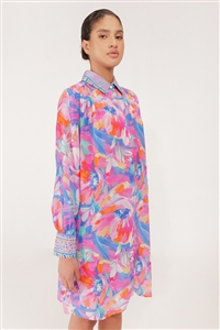 Inoa Milano Nemesia Tunic. Pink and blue abstract floral, silk shirt-style