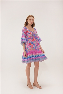 Inoa Milano Scilla Dress. Pink and blue abstract floral, silk loose-fit dress