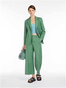 MaxMara Weekend  Zircone green wide leg trousers in cotton and linen canvas. Central pressed pleat detail.