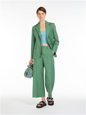 MaxMara Weekend  Zircone green wide leg trousers in cotton and linen canvas. Central pressed pleat detail.