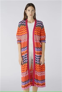 Oui Pink/Orange 100% cotton long cardi/coat with knitted zigzag stripes