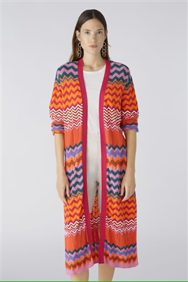 Oui Pink/Orange 100% cotton long cardi/coat with knitted zigzag stripes