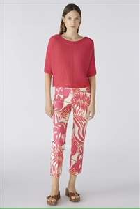 Oui Pink/White summer trousers with a slight kick flared leg.