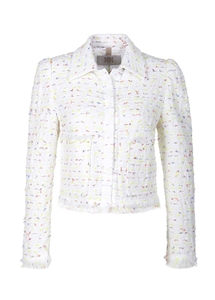 Riani white patterned box cut lightweight tweed jacket.