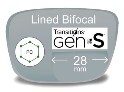 Lined Bifocal 28mm Polycarbonate Transitions VI Prescription Eyeglass Lenses