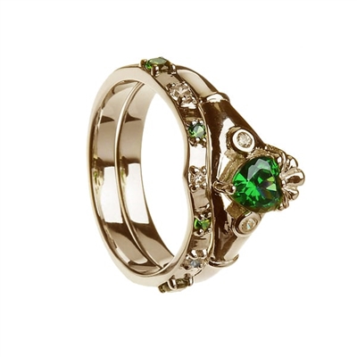 10k White Gold Green & White CZ Claddagh Ring Wedding Ring Set