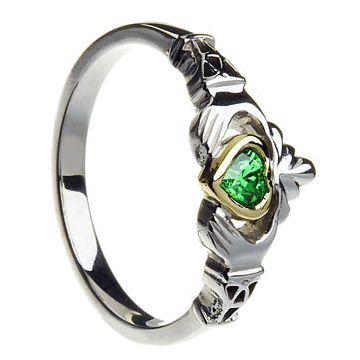 Sterling Silver Green CZ & 10k Gold Heart With Trinity Cuffs Claddagh Ring 8.2mm