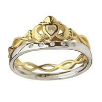 10K Yellow Gold CZ Claddagh Ring With Sterling Silver Matching CZ Wedding Ring