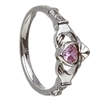 10k White Gold October CZ Pink Tourmaline Birthstone Claddagh Ring 11mm