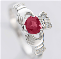 14k White Gold Ladies Heart Shaped Ruby & Diamond Claddagh Ring