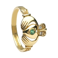 10k Yellow Gold Emerald & Diamond Claddagh Ring 13.4mm